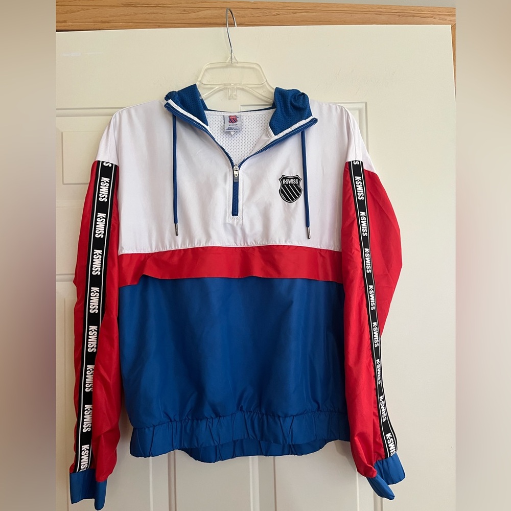 K-Swiss unisex red, white, blue quarter zip pull over packable jacket. Small
